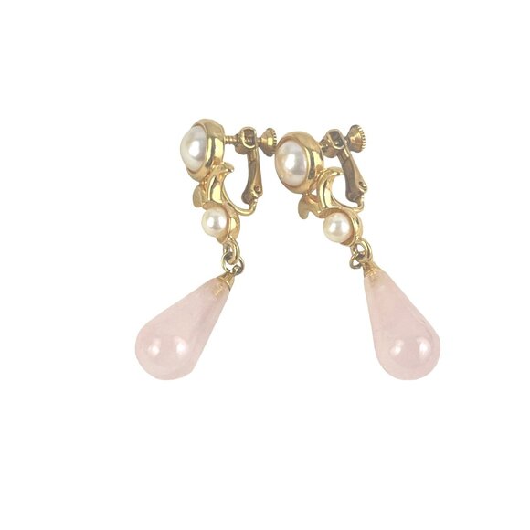 Vintage Napier Clip-On Earrings With Pink Teardrop Gemstones & Faux Pearls - Picture 6 of 7